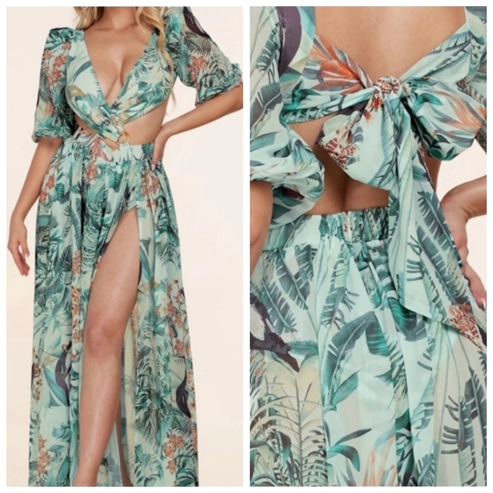 L’ATISTE by Amy Tropical Cut Out Maxi Dress Size L Elastic Waist Slit - Picture 2 of 9